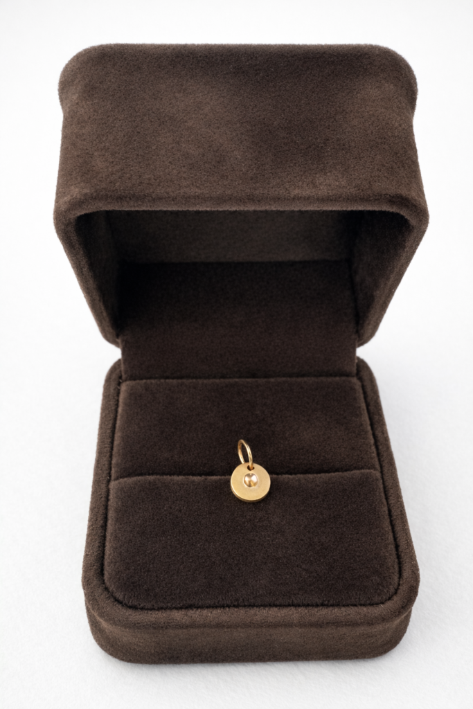 Handmade matte solid gold EVD pendant by Royal Touch Style in presentation box