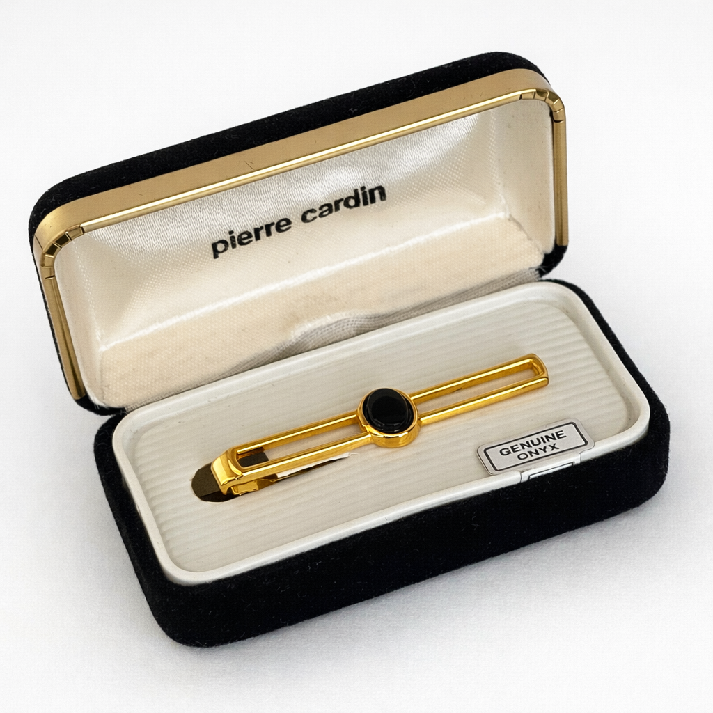 Vintage Pierre Cardin gold-tone tie pin with natural onyx in presentation box